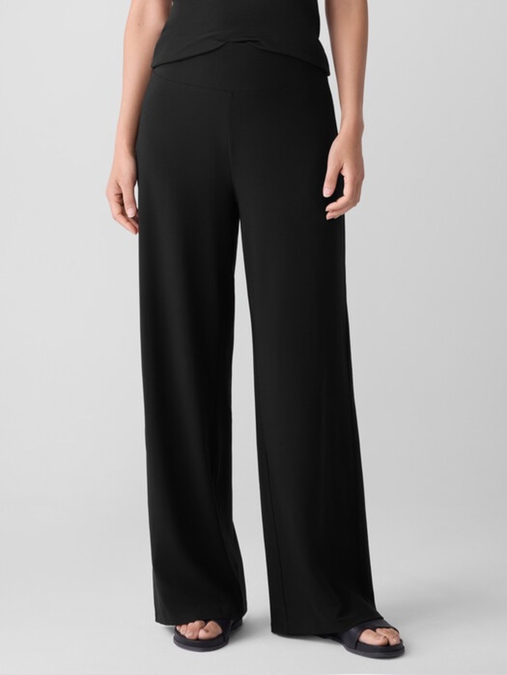 Eileen Fisher Black Jersey Knit High Rise Wide Leg Pants Slacks Stretch Work
